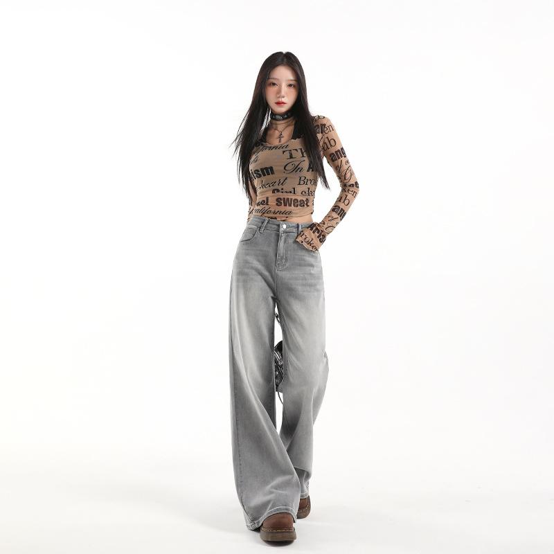American Spice Girl micro-pull jeans women's autumn and winter new high-waisted straight loose and thin wide-leg flared pants