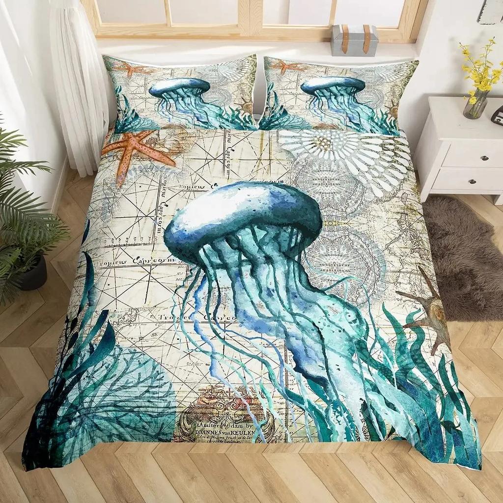 Sea Turtle Duvet Cover Set Full Size,octopus Seahorse Whale Bedding Set Teal Ocean Themed Mediterranean Style Beach Quilt Cover