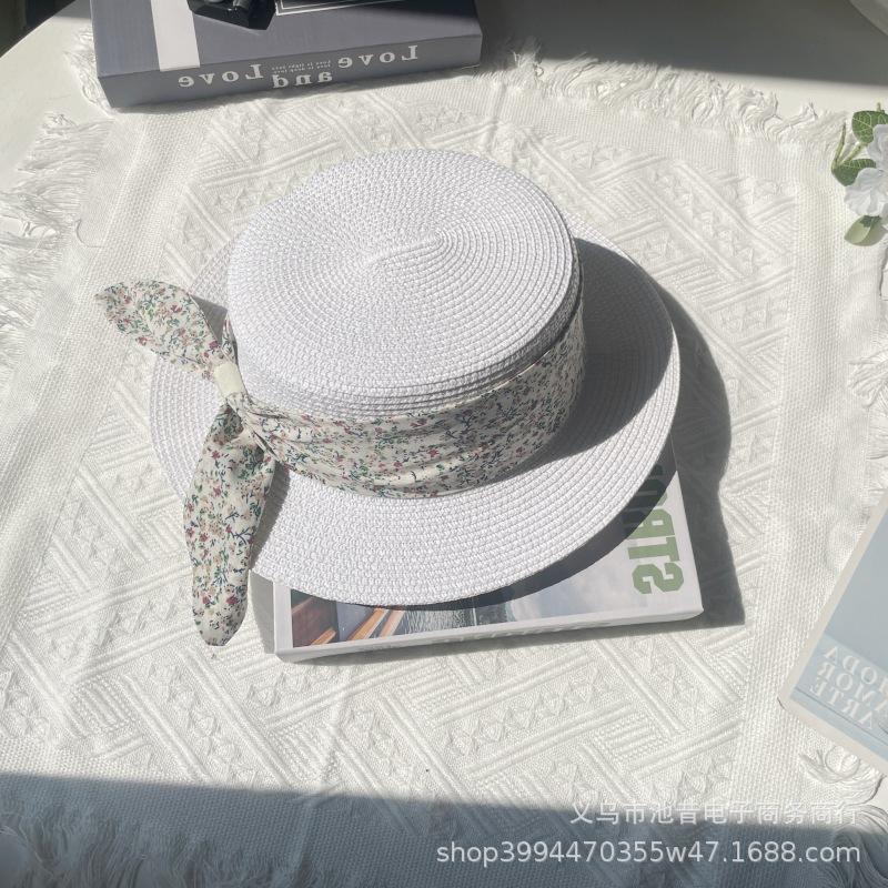 French flat hat straw hat women's summer seaside play beach hat top hat floral with sun protection hat