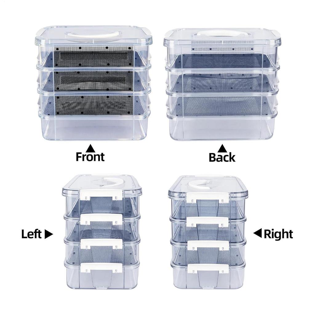 Mealworm Feeding Box 4-Layer Clear Mesh Breeding Habitat Kit Mealworm Farm Bin With Handle For Sugar Glider Reptile Spider Bird