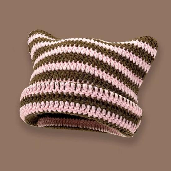 Зимняя женская шапка-кошечка с контрастными полосками и звездами, меховой шарик, декор в виде демона, ветрозащитная эластичная противоскользящая теплая шапка