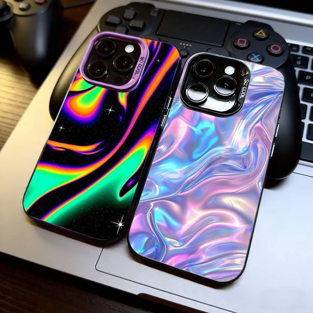 Психоделический голографический чехол для iPhone 17,16,15,14,13,12,11 Plus,Pro Max,XS,Разноцветная серебристо-черная крышка
