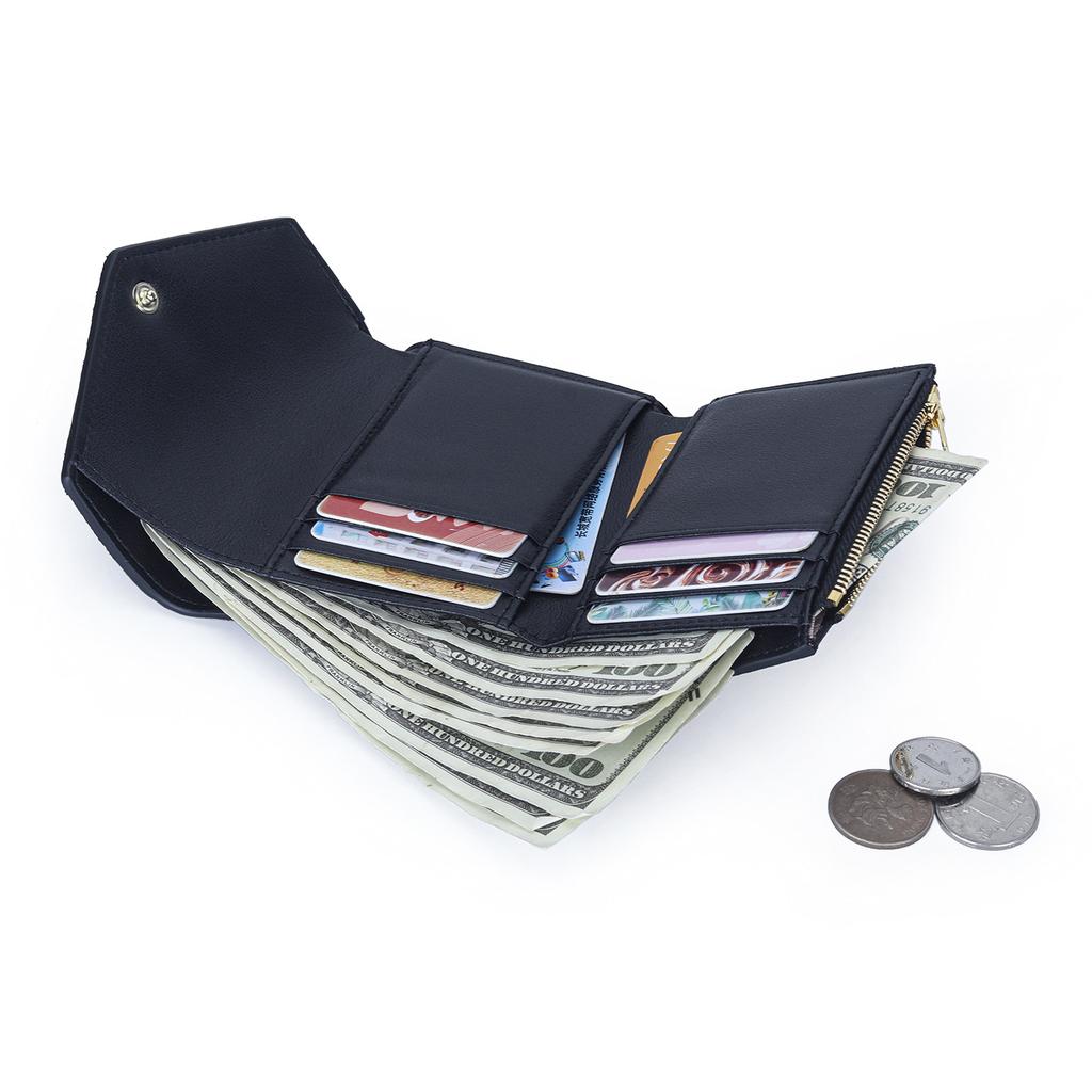 Fashion Envelope Leather Trifold Wallet - Snap Button Card Organizer with Zipper Pocket, Elegant Short Clutch for Women