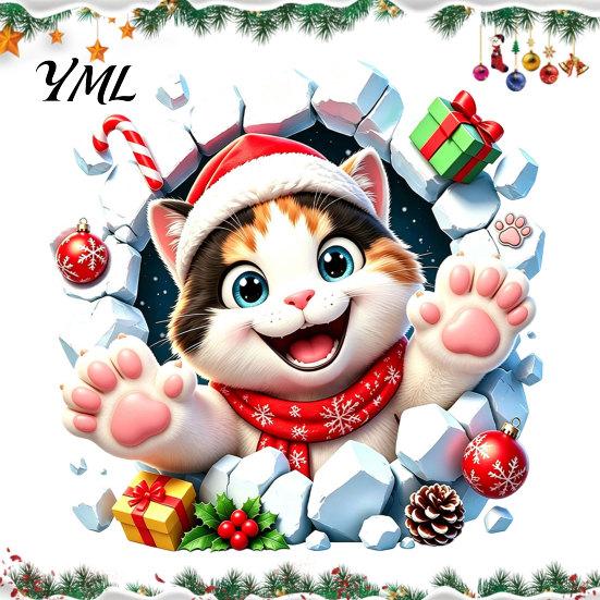 Easy Peel Stick Decals Christmas Cat Toilet Seat Decal, 3D Break Through Wall Cute Kitten Gift Ideas for Decor Tank Sticker, Self-Adhesive Waterproof