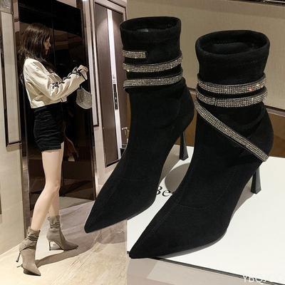 Осенне-зимняя мода Новые праздничные универсальные женские ботильоны с острым тонким каблуком и стразами Женские модные короткие ботильоны
