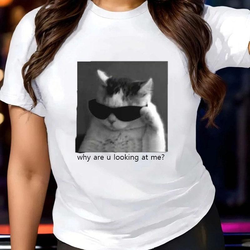 Подростковые мультяшные футболки Летние милые с принтом кота Дышащие с коротким рукавом с круглым вырезом Детские топы Уличная одежда Свободная одежда Детский топ