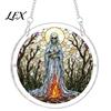Autumn Holiday Yard Fence Accents Halloween Acrylic Puzzle Window Suncatcher, Stained Glass Style Hanging Ornament Seasonal Event with Metal