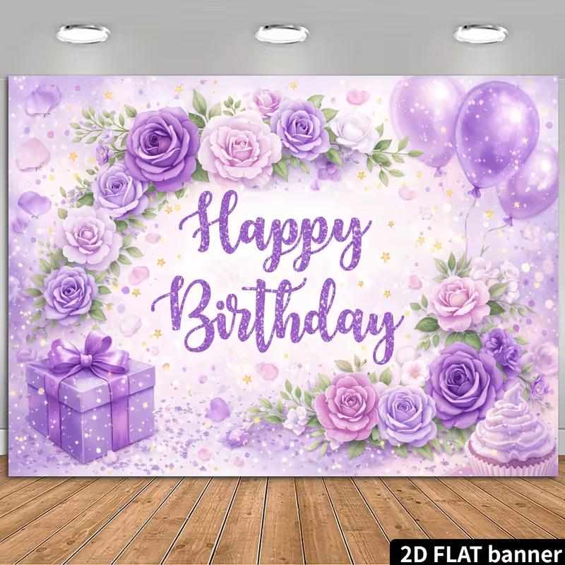 2D Purple Rose Happy Birthday Backdrop Floral Balloon Party Photo Background