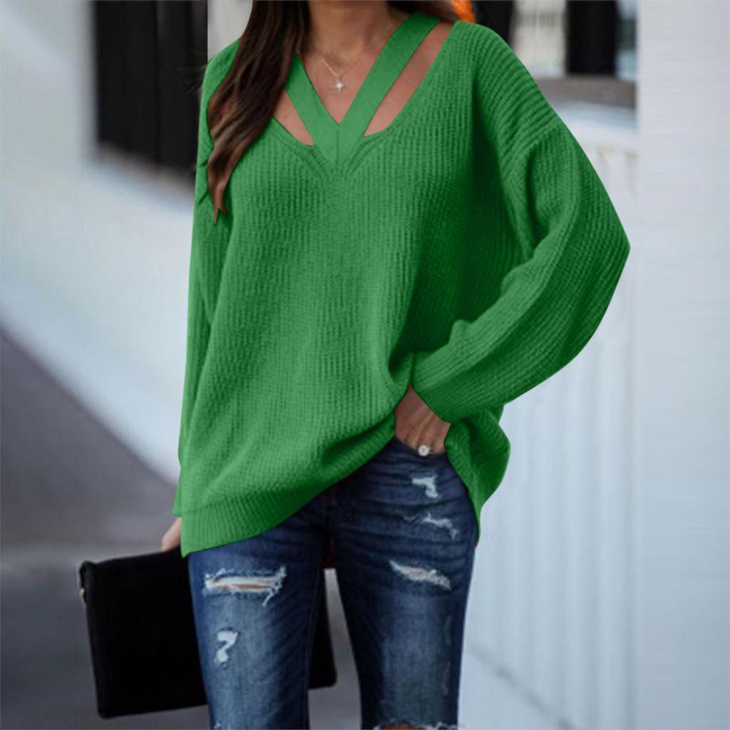 Женский модный свободный свитер с V-образным вырезом и длинным рукавом, однотонный повседневный свитер