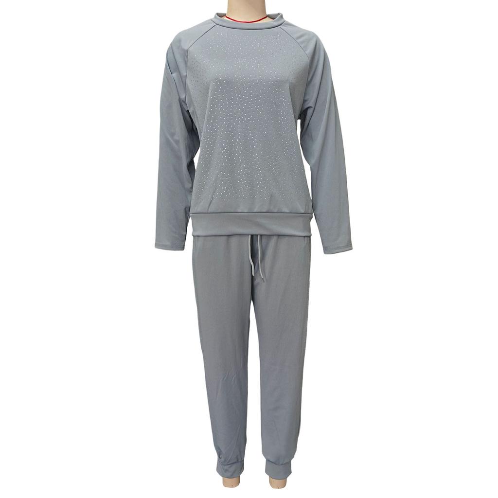 2 шт./комплект женский топ брюки костюм со стразами декор О-образный вырез длинные рукава пэчворк спортивный свитшот эластичный пояс брюки фитнес-наряд осень весна