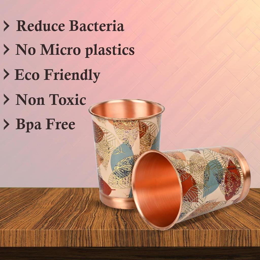 India Copper Premium Yellow Gold Leaf Design Set of Two Glass with Elegant Gift Box, 250 ML