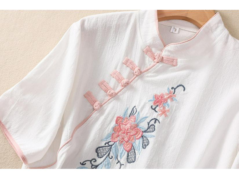 Ретро Дзен Чайная Пауза Женский Хлопковый Топ с Вышивкой - Рубашка с Коротким Рукавом в Китайском Стиле