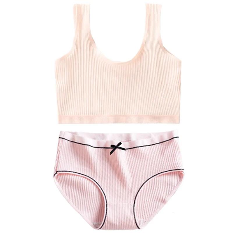 Хлопковые трусики и бюстгальтеры для девочек-подростков, хлопковый тренировочный бюстгальтер и трусики для девочек-подростков, однотонный детский спортивный бюстгальтер, трусы, нижнее белье