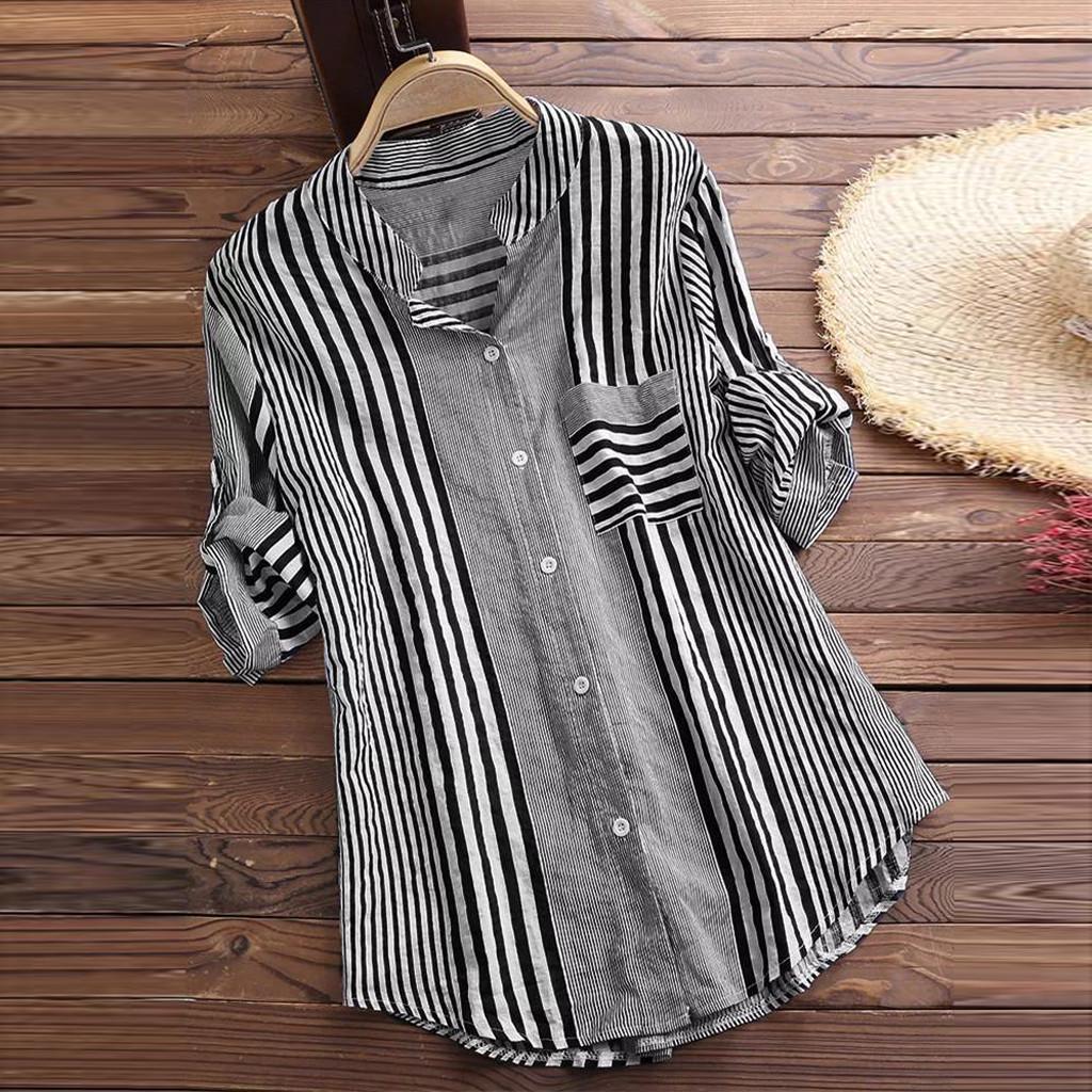 Plus Size Womens Three Quarter Striped Print V-Neck Loose Fit Top T-Shirt Blouse
