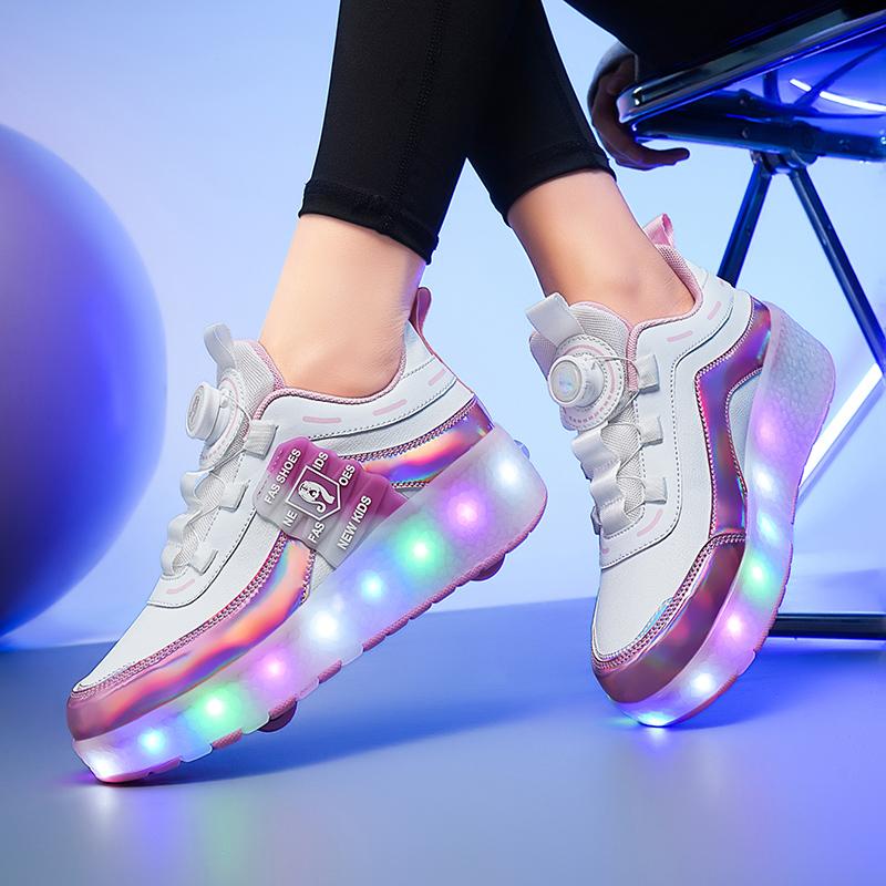 Children's Fashion Wear-resistant Rechargeable Double Row Two Wheel Pulleys Violent Walking Shoes Lighting Lights Sports Shoes Board Shoes