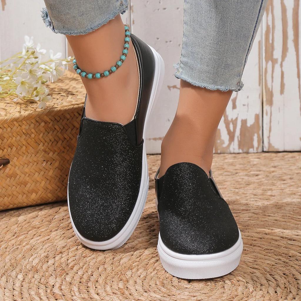 Shiny Gold Sequins Loafers for Women's Pu Leather Slip-On Platform Sneakers Woman 2025 Autumn Non-Slip Flats Casual Shoes Ladies