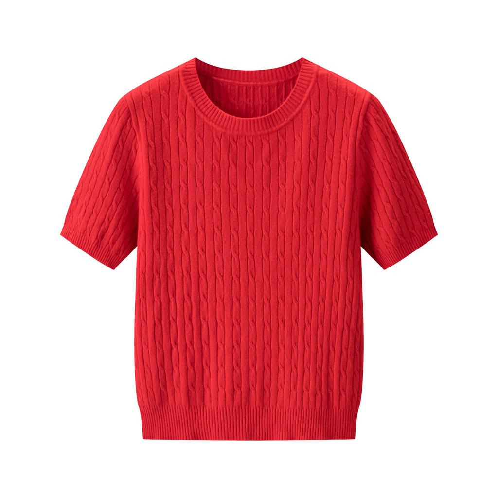 New Fashion Versatile Twist Crew Neck Knitted Short Sleeve T-Shirt Commuter Casual Pullover