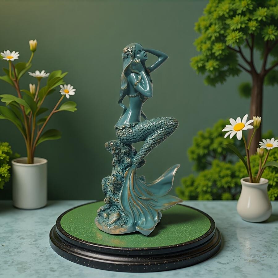 Cute retro turquoise mermaid resin statue suitable for home offices or bookshelves, ideal for decoration and a perfect gift for holidays and