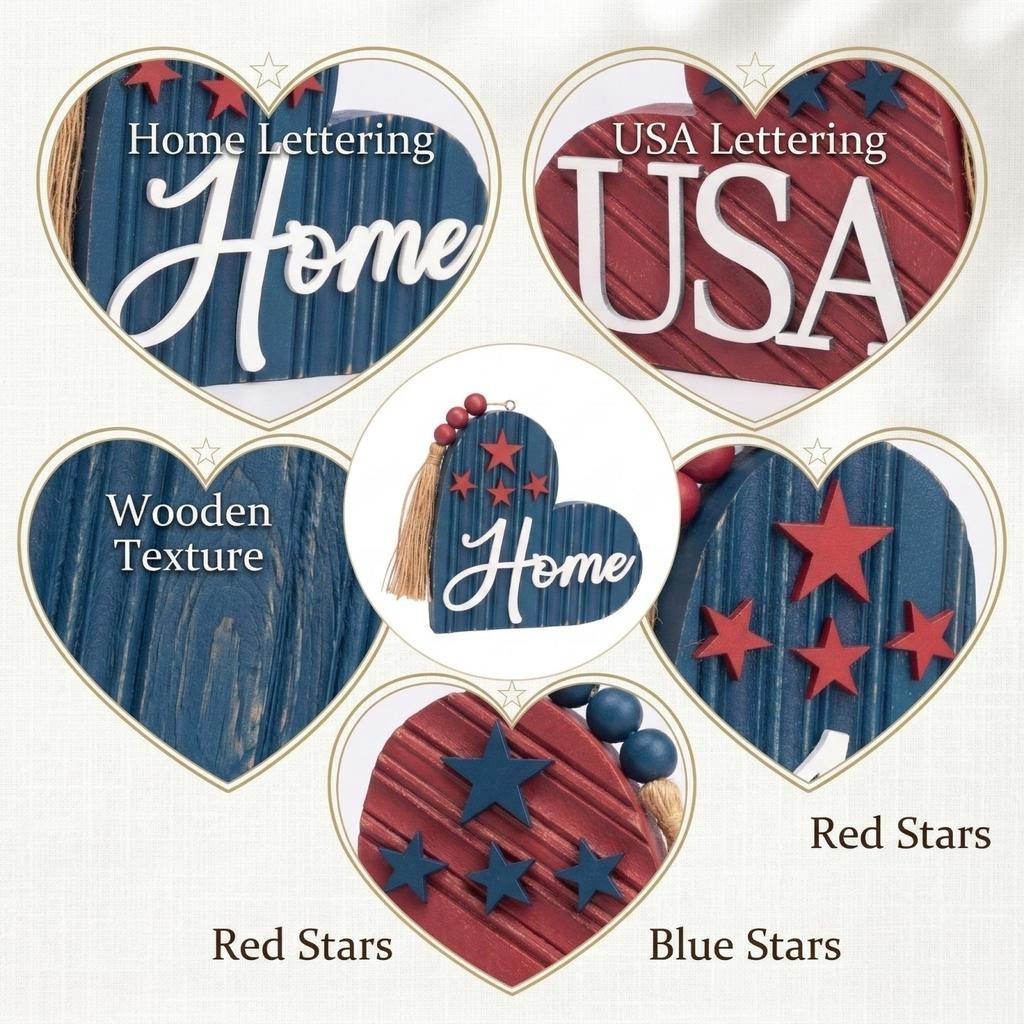 Independence Day Heart-Shaped Flag Red And Blue Stars And Stripes Wooden Decoration For Holiday Desktops Independence Day