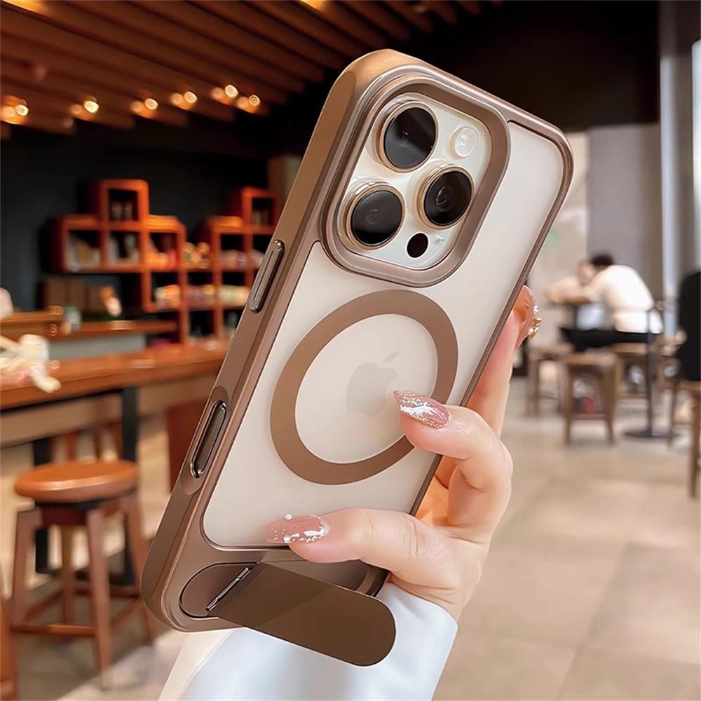 Transparent Invisible Folding Stand Magnetic Phone Case For 15 16 17 Pro Max 14 13 12 For Magsafe Wireless Charging Cover
