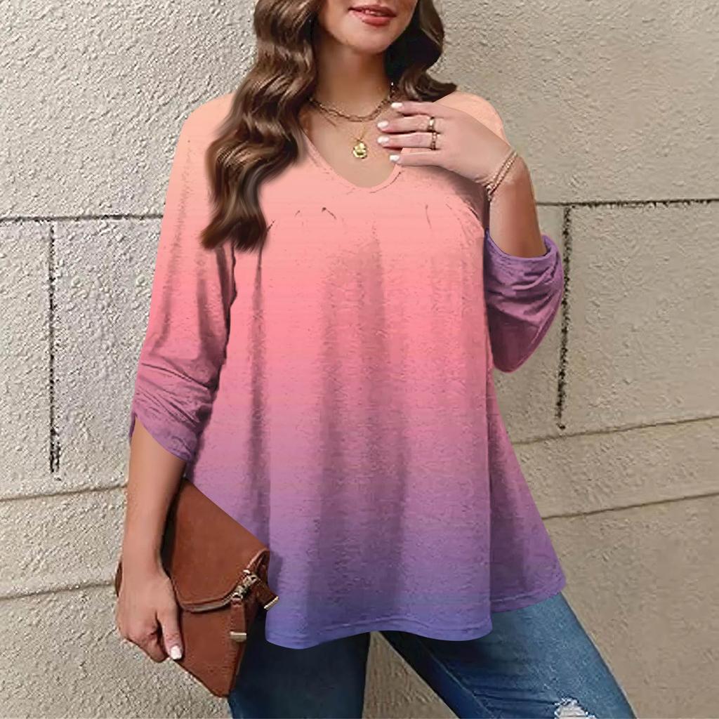 Women's Plus Size Fashion Printed Casual Pleated Round Neck Long Sleeve Top