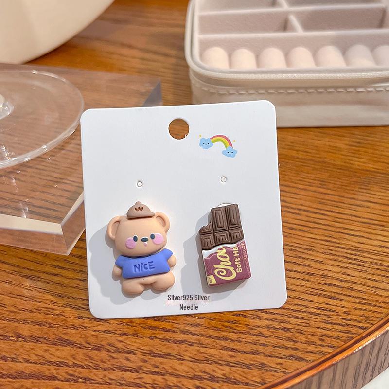Японские серьги в виде кролика, медведя и клубники в пастельных тонах с серебряными штифтами