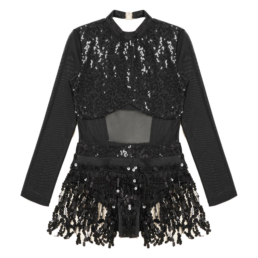 Детское платье для танцев для девочек, блестящие пайетки, бахрома по подолу, стиль пэчворк, трико, танцевальная одежда, сценическая одежда