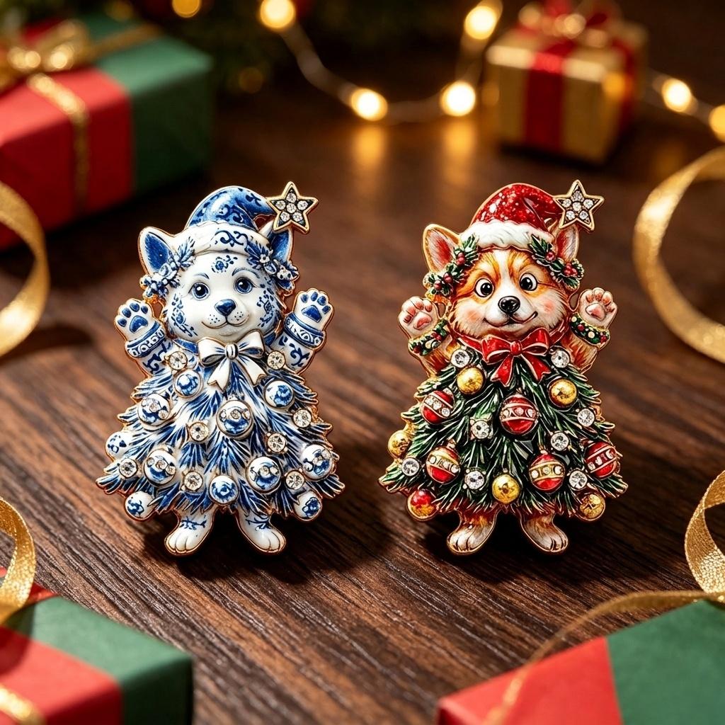 Vintage Enamel Corgi Dog Brooch For Women Shiny Rhinestone Santa Hat Puppy Christmas Tree Bulb Bowknot Lapel Pin Xmas Jewelry