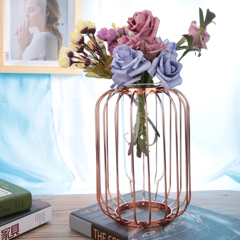 Nordic Lantern Shaped Wrought Iron Vase Glass Iron Tabletop Flower Vase(  Gold)