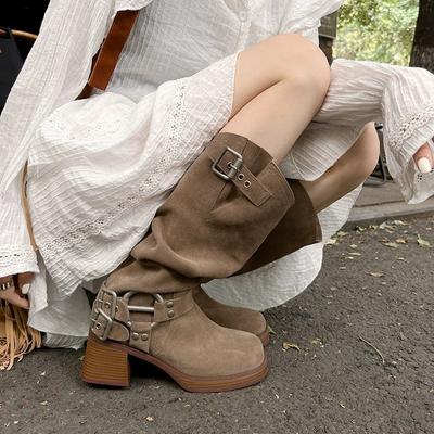 Вестерн женские зимние короткие сапоги 2024 года, ретро-ботфорты со средним рукавом и толстым каблуком, джинсовые сапоги на высоком каблуке