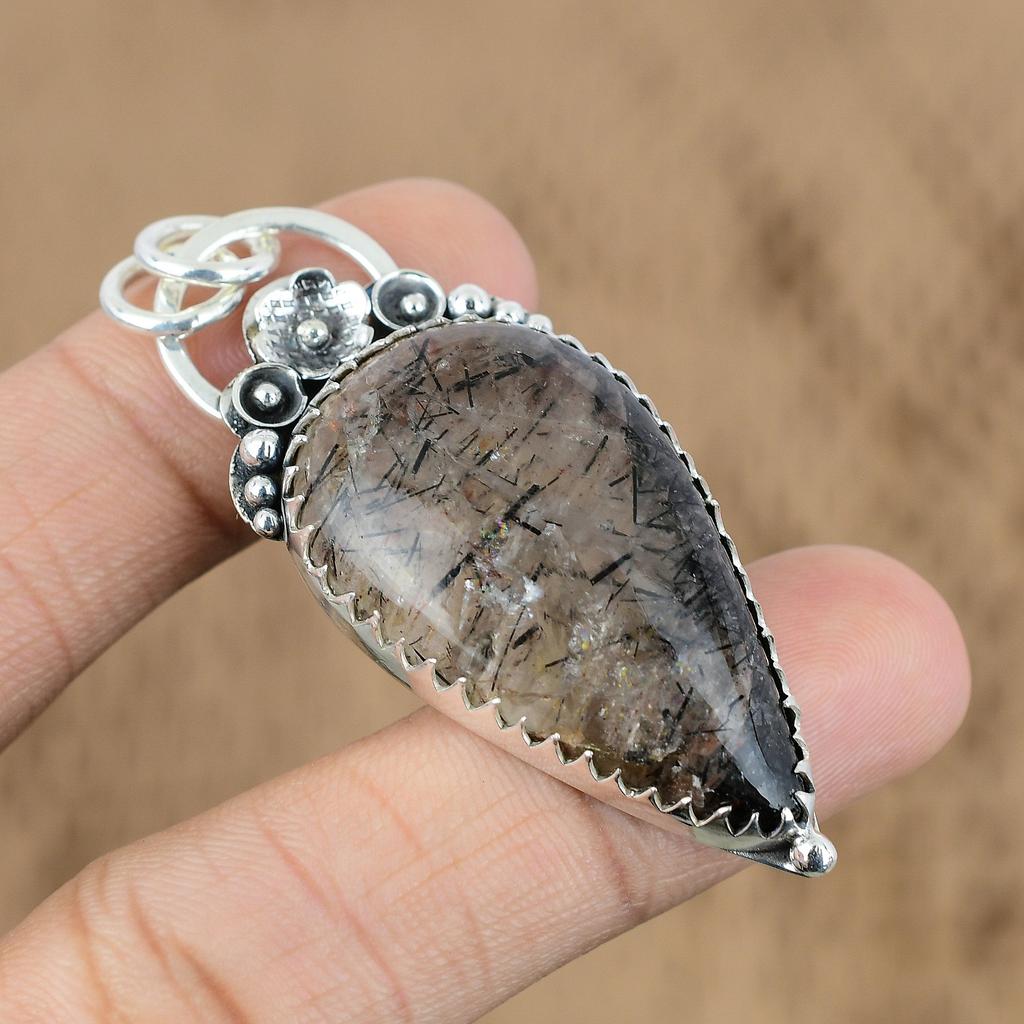 Wedding Gift For Her 925 Silver Natural Black Rutile Gemstone Pendant Flower