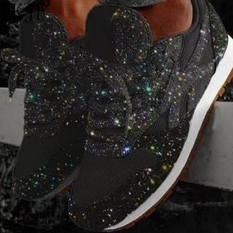 Женские плоские блестящие кроссовки повседневные женские сетчатые шнурки на платформе с блестками удобные вулканизированные туфли больших размеров 2024 мягкие вязаные