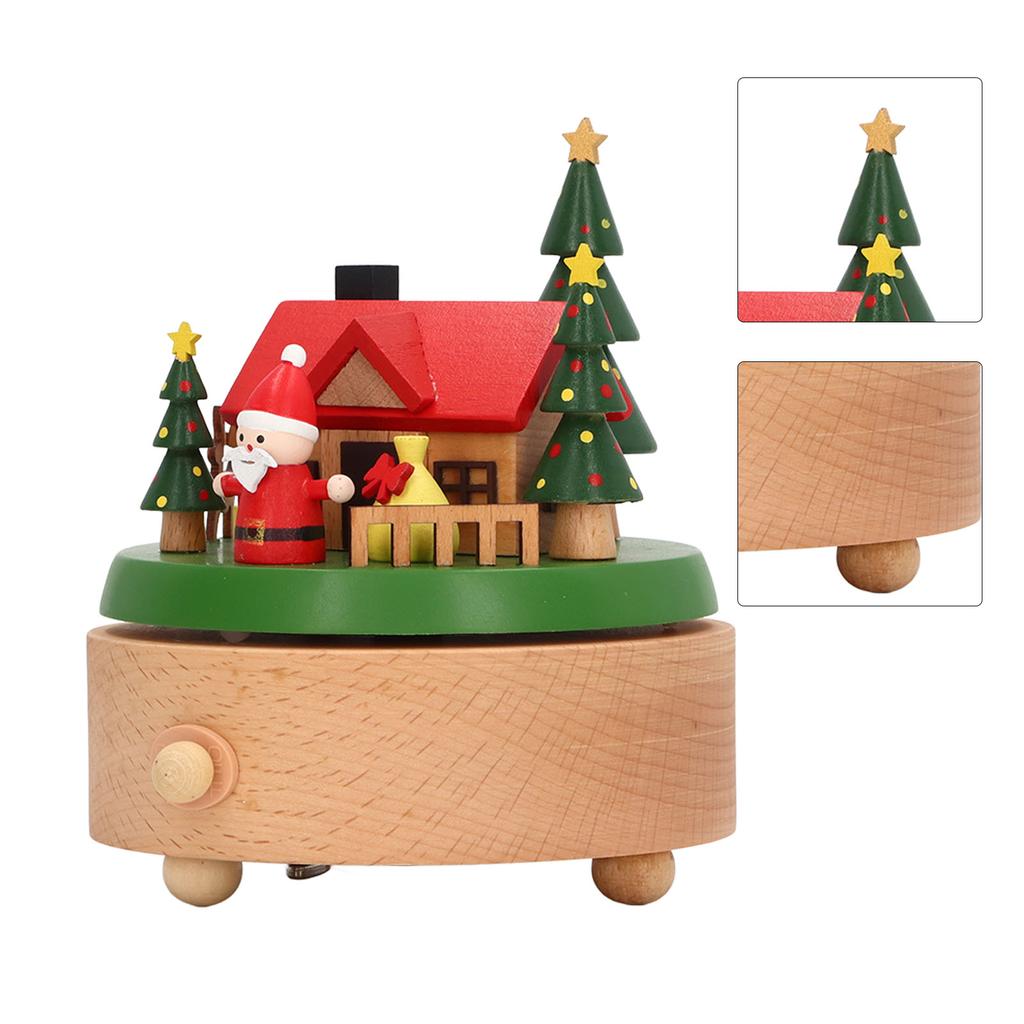 Wooden Rotating Music Box Round Bottom Santa House Christmas Music Box for Decoration Wooden Round