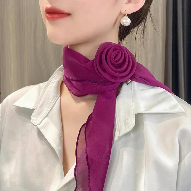 Rose Flower Silk Scarf Versatile Soft Neckerchief For Women Girls Temperament Long Ribbon Tie Scarf Office Clothes Gifts