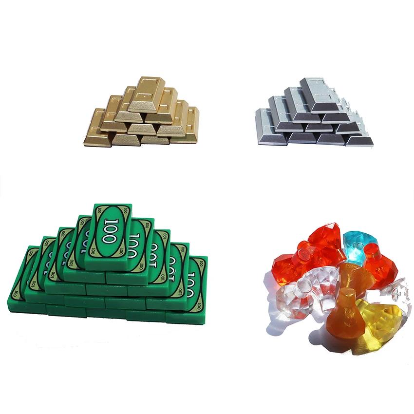 Нетоксичный строительный блок Город Сундук с сокровищами Шкатулка с драгоценностями Золото Серебро Алмаз Доллары Центы Монеты Наличные Кирпичи Аксессуар Печатный Moc Игрушка