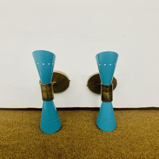 1950's Mid Century Brass Italian Diabolo Wall Sconce Light Fixture 2 Bulb Pair Wall Fixture Lamp