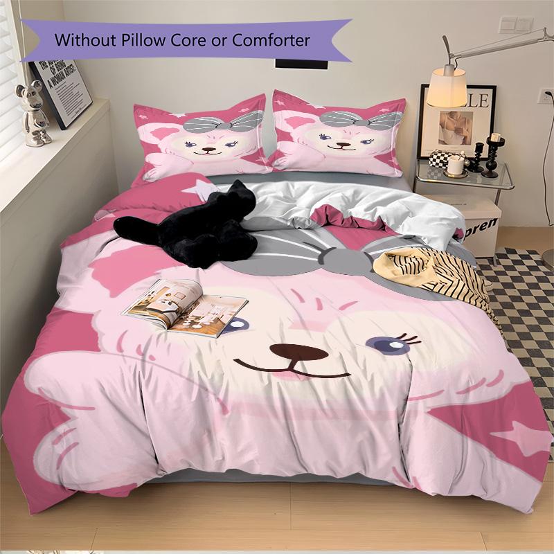 Pink Teddy Bear Bow Print 3Pcs Bedding Setduvet Cover With 2 Bedropillowcase Home Birthday Gift
