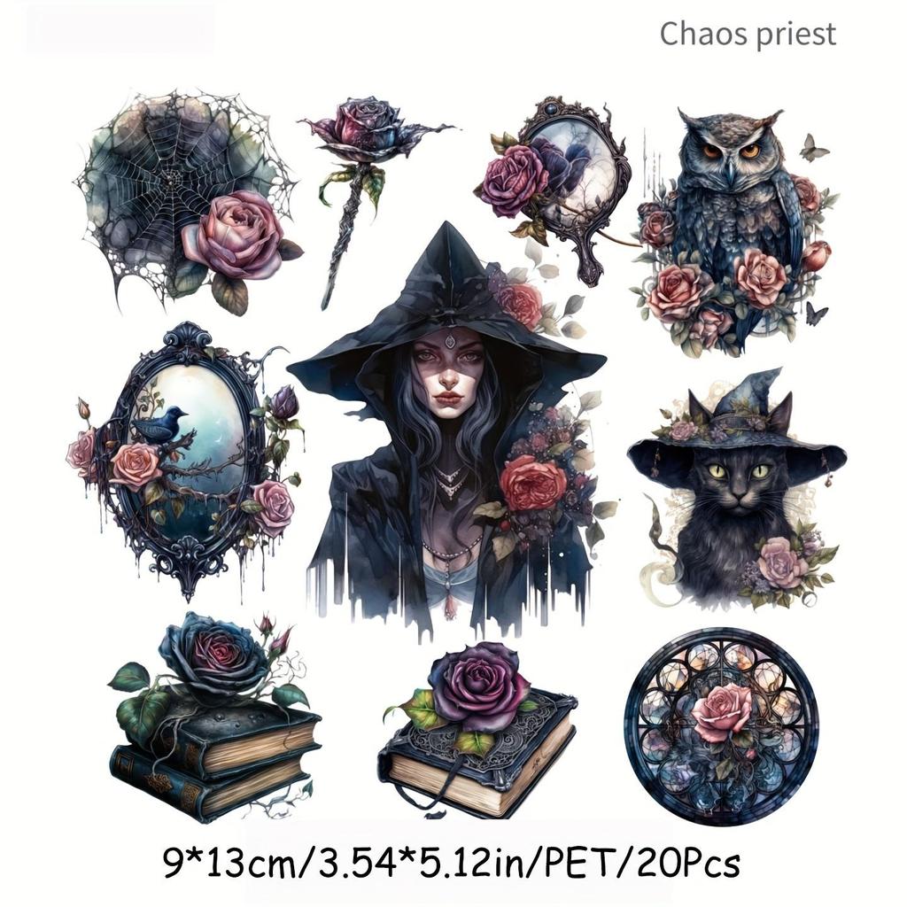 NEW 20Pcs Goth Witch Series Decorative Sticker Pack Retro Rose Cat Collage Scrapbooking Label Diy Diary Album Journal Planner