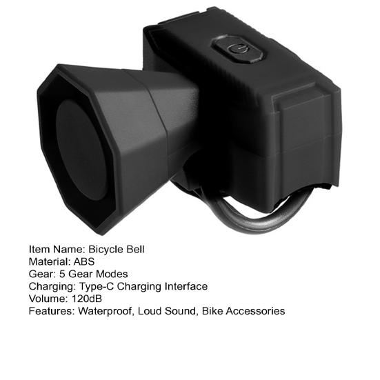 Электрический велосипедный гудок Водонепроницаемый Заряжаемый через Type-C 120 дБ Громкий звук МТБ Дорожный Горный велосипед Руль Звонок-сигнал Велосипедные аксессуары