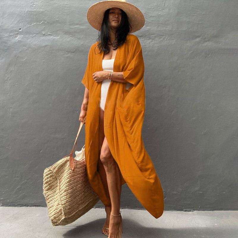 Women's Beach Cover Up Kimono, Summer Swimsuit Cape, Solid Bohemian Tunic Dresses, Bathing Suits, Cardigan, Shawl