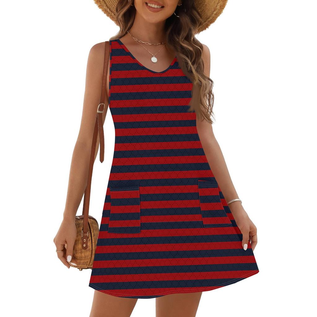 Женское модное повседневное летнее платье без манжет с карманом, V-образным вырезом и полосатым принтом, пляжный сарафан