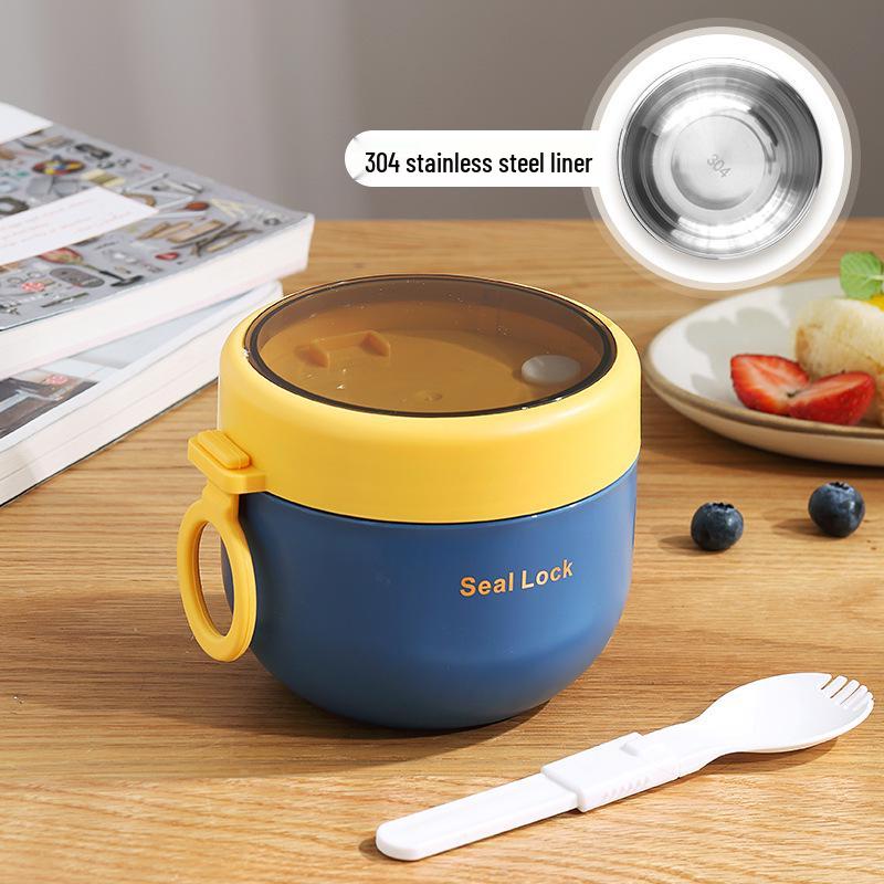304 Stainless Steel Insulated Breakfast Cup with Lid & Spoon - Large Capacity for Porridge, Oatmeal, Milk; Portable for Students & Office Workers