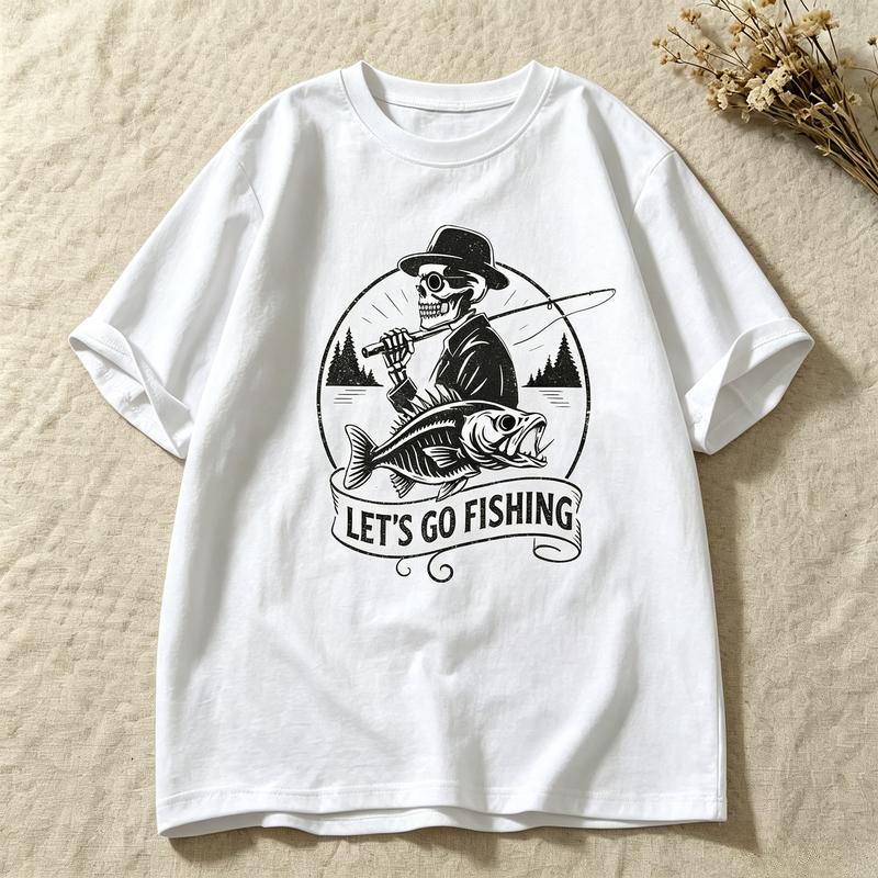Unisex Casual Short Sleeve T Shirt Skeleton Fisherunisex Lets Go Fishing Distressed Bass Fish Graphic Outdoor Streetwear Tees Y2k Tops