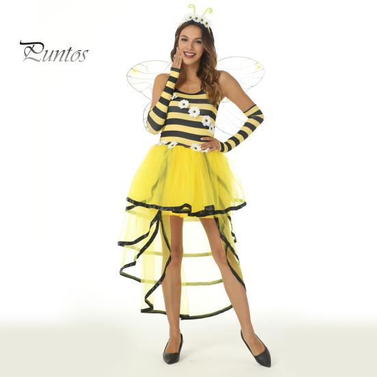 Yellow And Black Bee Costume Cosplay with Wings Antennas Queen Halloween Party Energetic Apparel Role-Playing Flower Decor Scattered Cake Hem