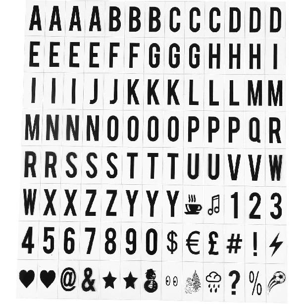 A Set 104Pcs Black Cinematic Lightbox Replacement Letters and Numbers Signs for A4 Light Up Letter Box Sign Message Board, Classrooms,Presentation