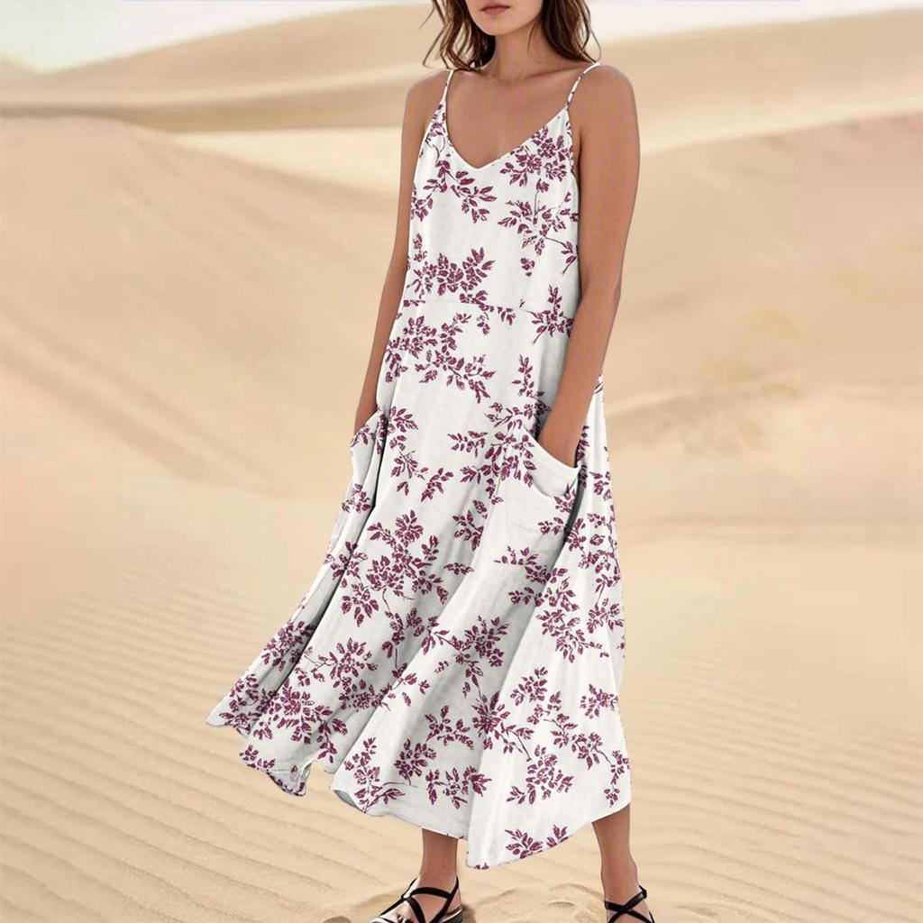 Женское модное повседневное длинное пляжное платье без рукавов с карманом и цветочным принтом