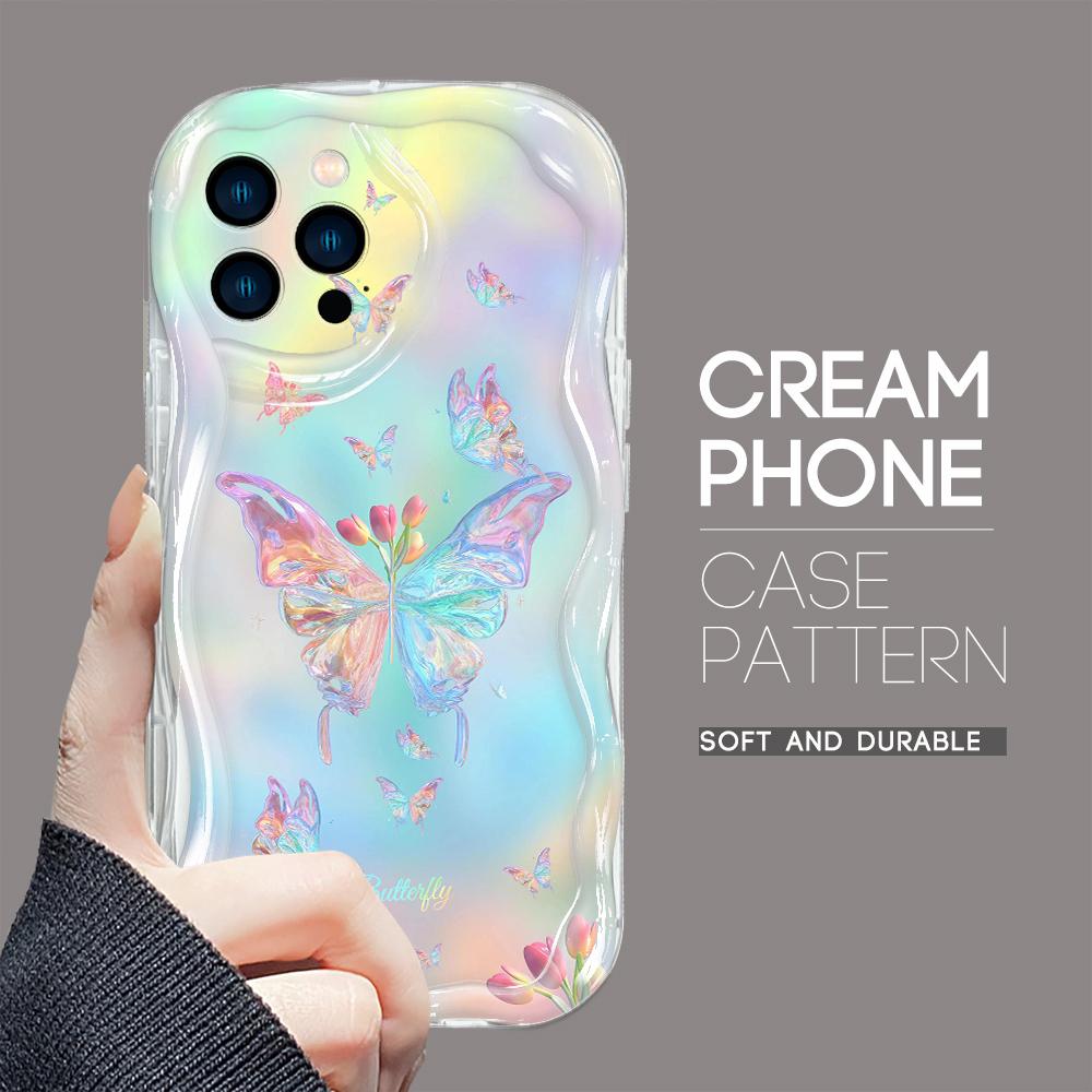 For iPhone 16 15 14 13 12 Pro Max Samsung S24 Ultra S23 S22 Plus Redmi Note 13 Pro Colorful Butterfly Cream Texture Soft Full Lens Protect Phone Case