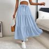 Women Maxi Skirt Elastic Waist Adjustable Drawstring Ruffle Stitching Ankle Length Skirt Solid Color A-Line Breathable Long Skirt