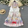 Spring Summer Women Retro Print Single Breasted Long Maxi Big Swing Vacation Beach Dresses with Belt