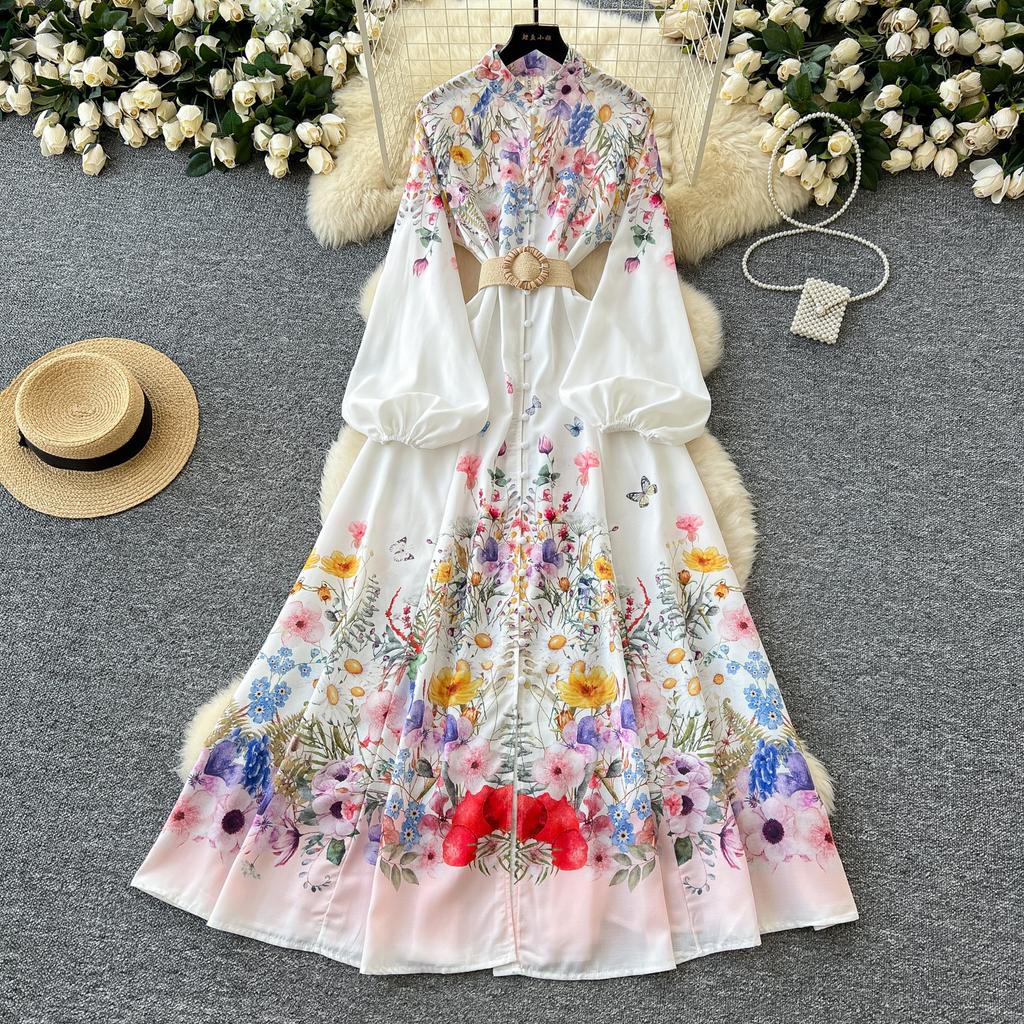 Spring Summer Women Retro Print Single Breasted Long Maxi Big Swing Vacation Beach Dresses with Belt